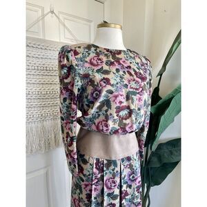 Jackie Taub Connections Women's Vintage Size 12 Suede Floral Midi Dress Pleated